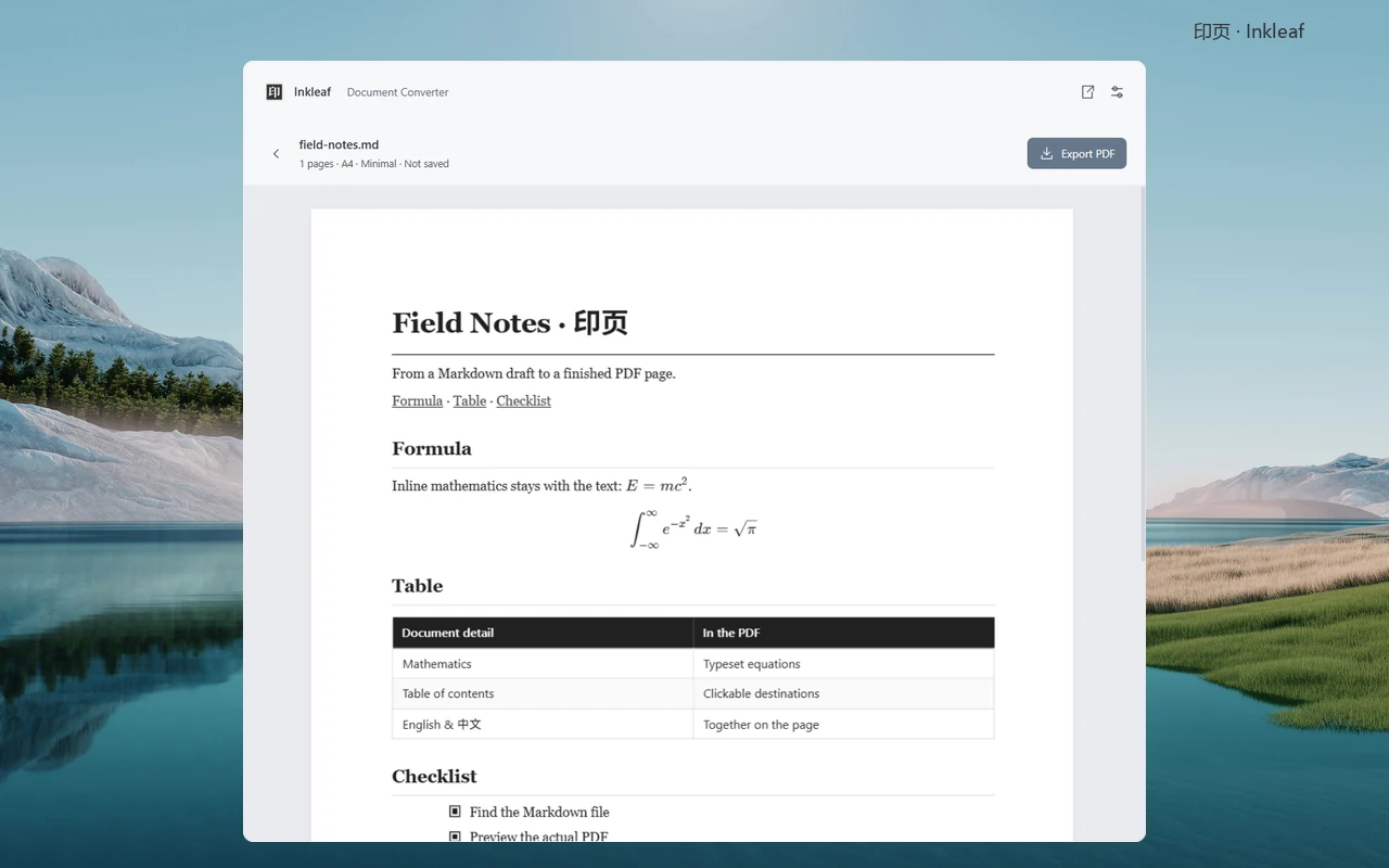 Inkleaf — Markdown to PDF, with Math and Code Intact